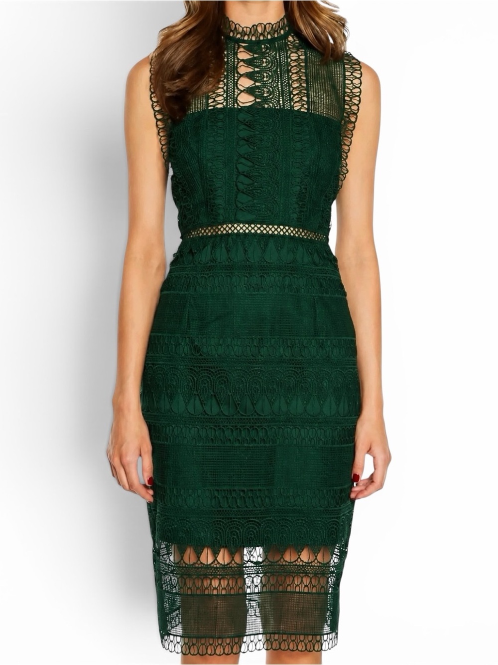 BARDOT ✘ Mariana Lace Panel Sheath Midi Dress Dark Green Mock Neck Cocktail, 8 M - Picture 2 of 7
